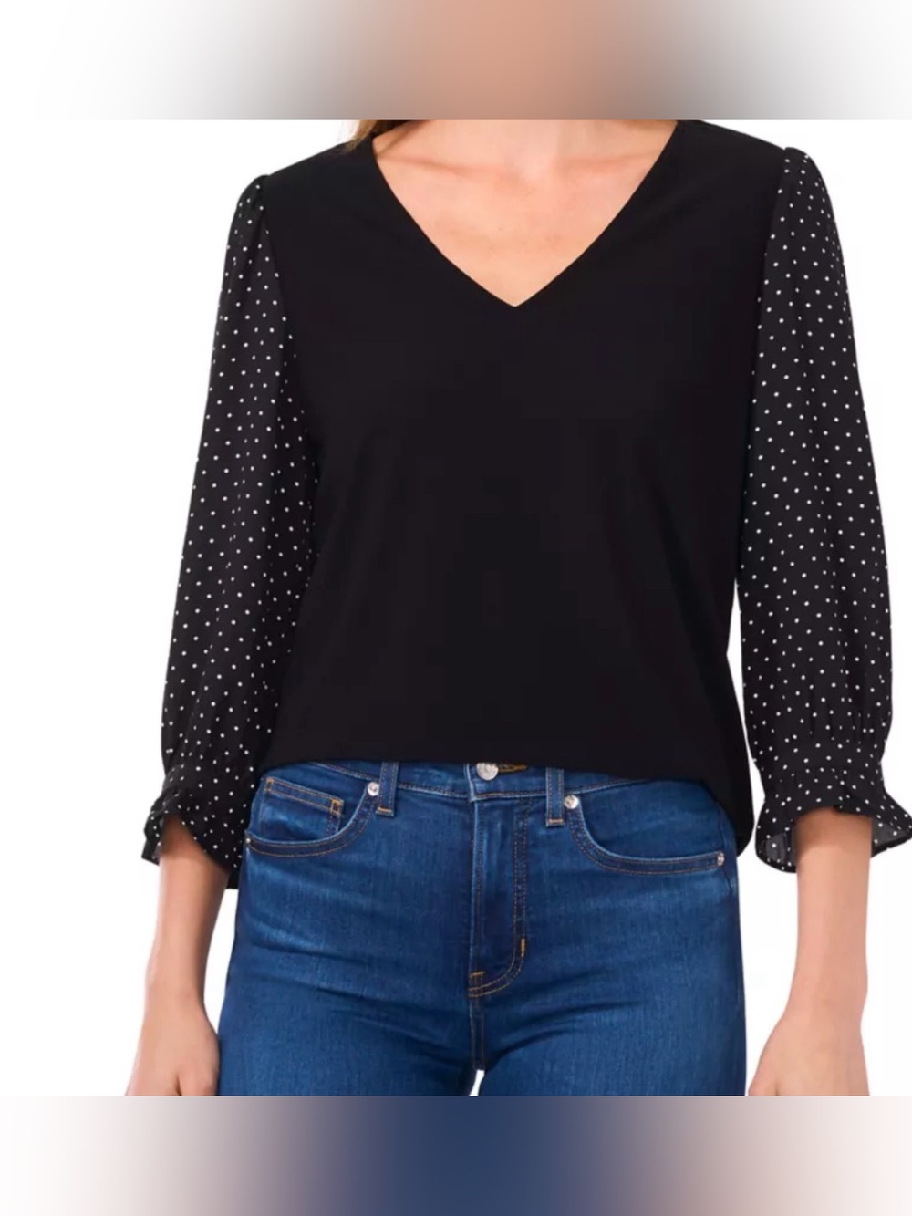 Cece Polka Dot 3/4 Printed Sleeve Mixed Media Top SZ L